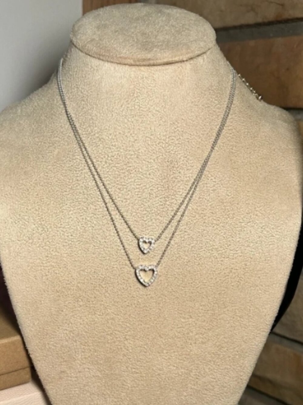 Avon Double Heart Pendant Necklace Silver Tone Crystal Accent Layered Look